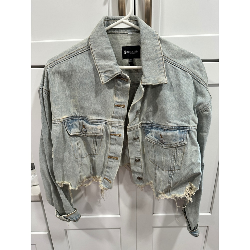 Adel Kasza Trendwear Distressed Cropped Denim Jacket Lion Graphic Light Wash M/L